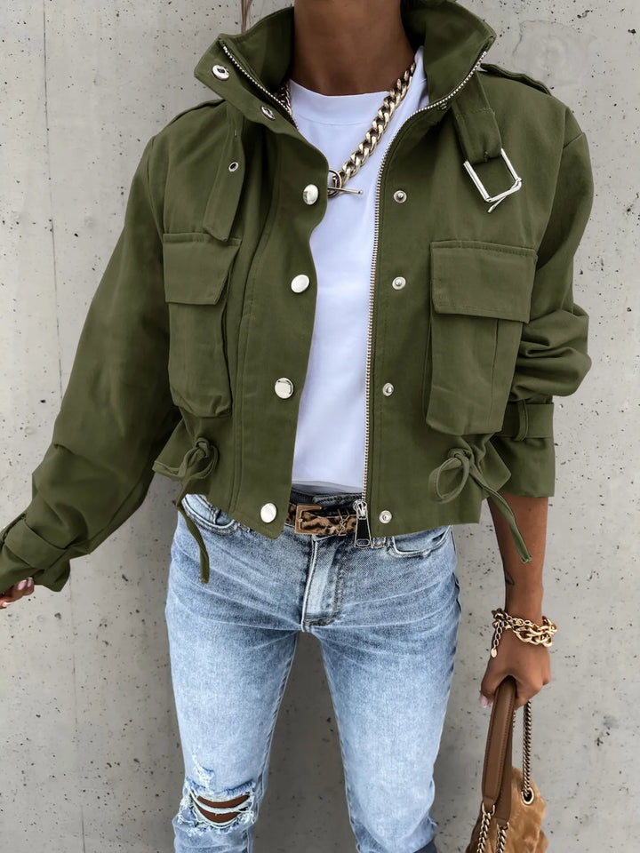 Women's fall jacket in army green, snap front cropped flap pockets
