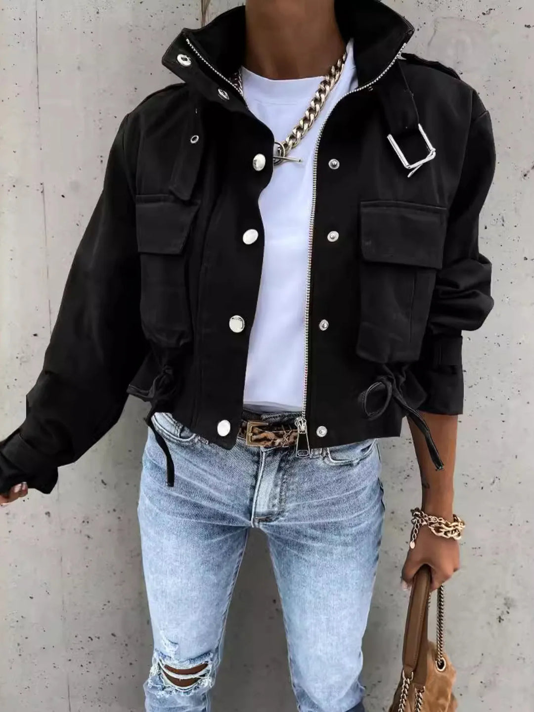Snap front cropped flap pockets in black, front view 2