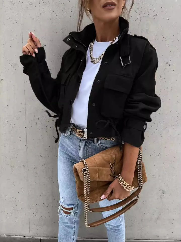 Snap front cropped flap pockets in black, front view 3