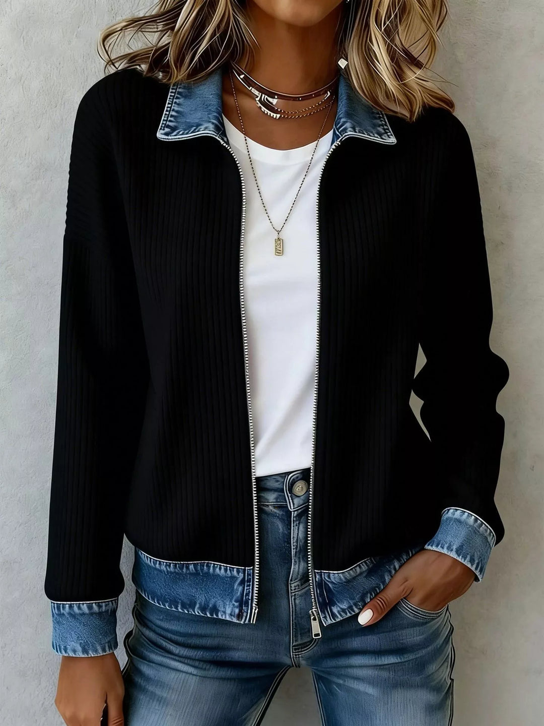 Black zip front ribbed knit jacket with denim collar and cuffs, hand in pocket