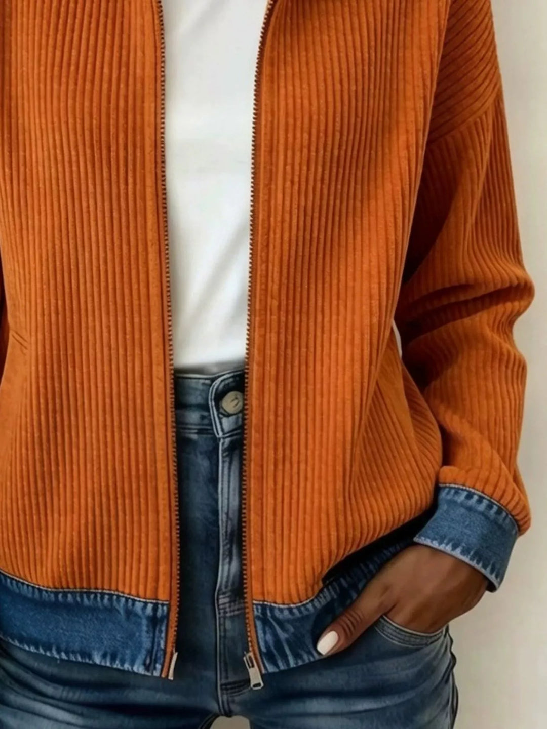Detail of rust zip front jacket with denim cuff and hem against jeans
