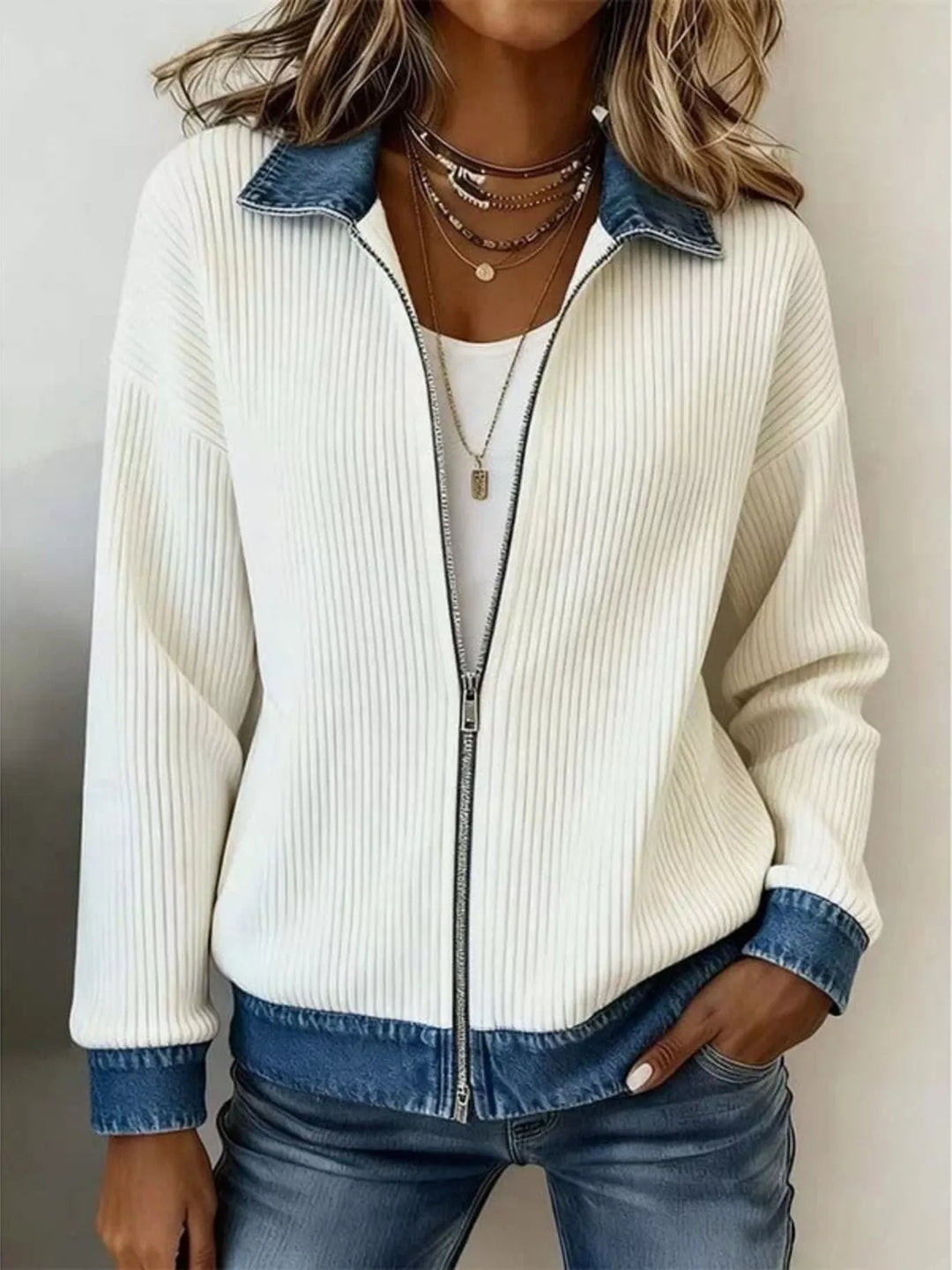 Close-up of white ribbed knit jacket zipper and denim trim at the hem