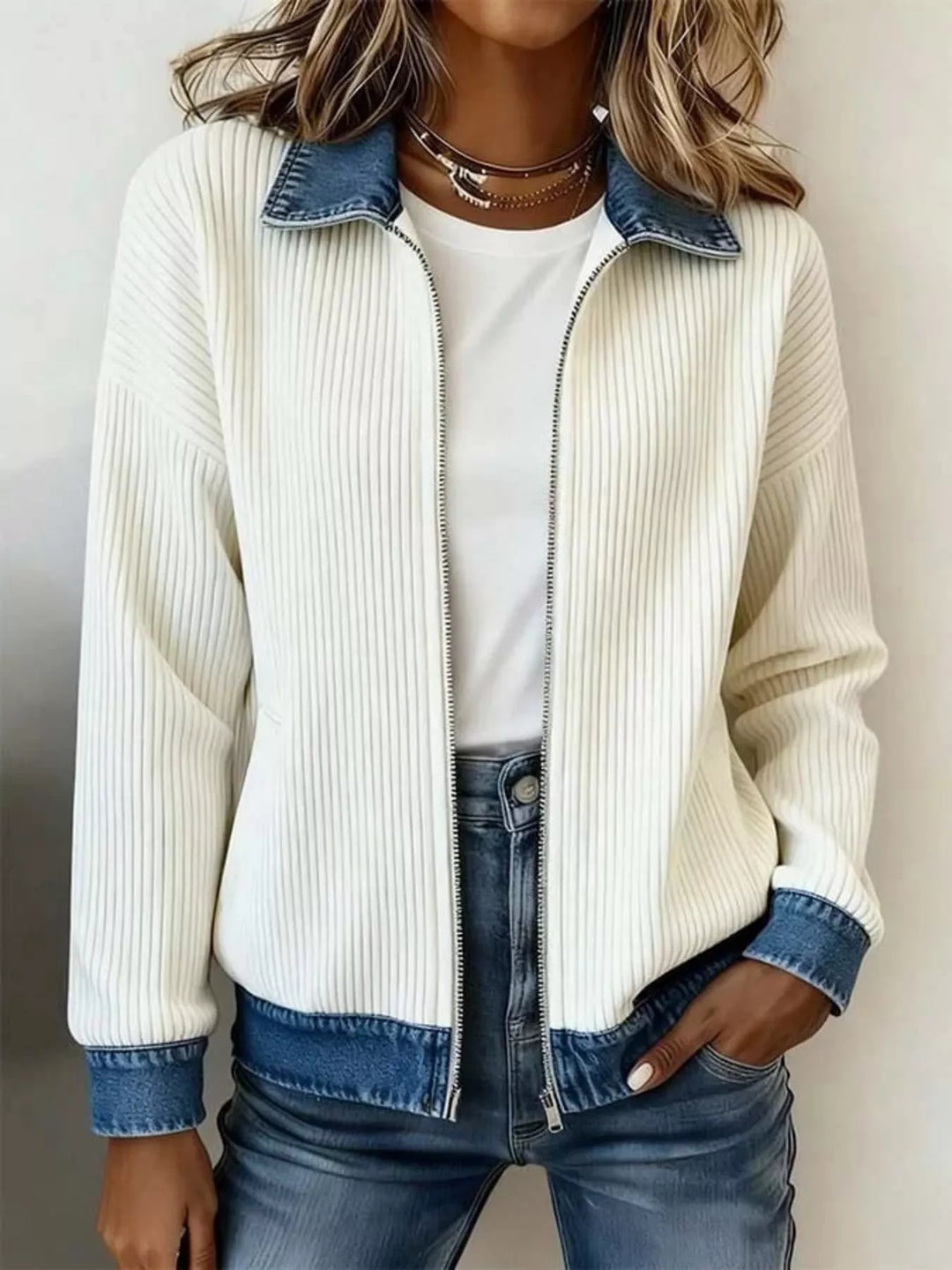 Women's fall jacket in white, zip front ribbed knit with a denim collar