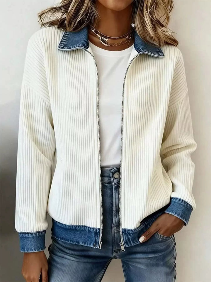 Women's fall jacket in white, zip front ribbed knit with a denim collar