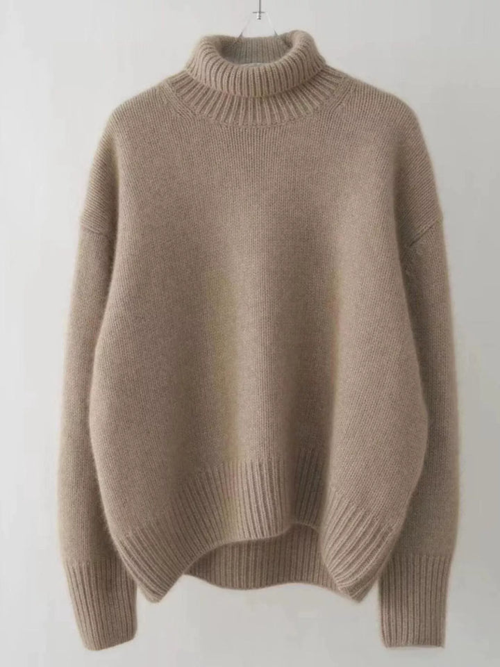 Mocha fuzzy turtleneck sweater laid flat, front view