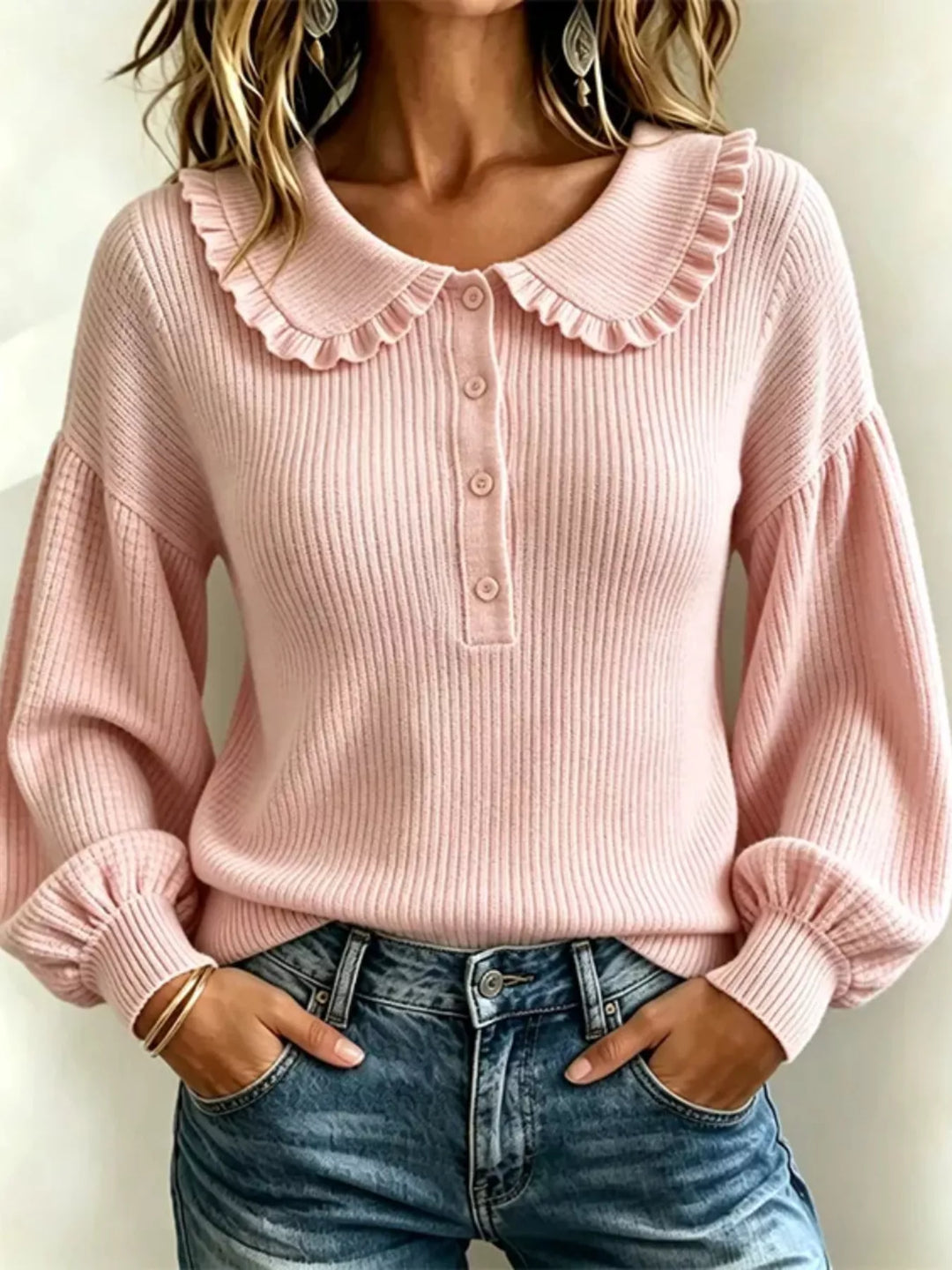Pink ribbed knit sweater with ruffle Peter Pan collar, front view with jeans