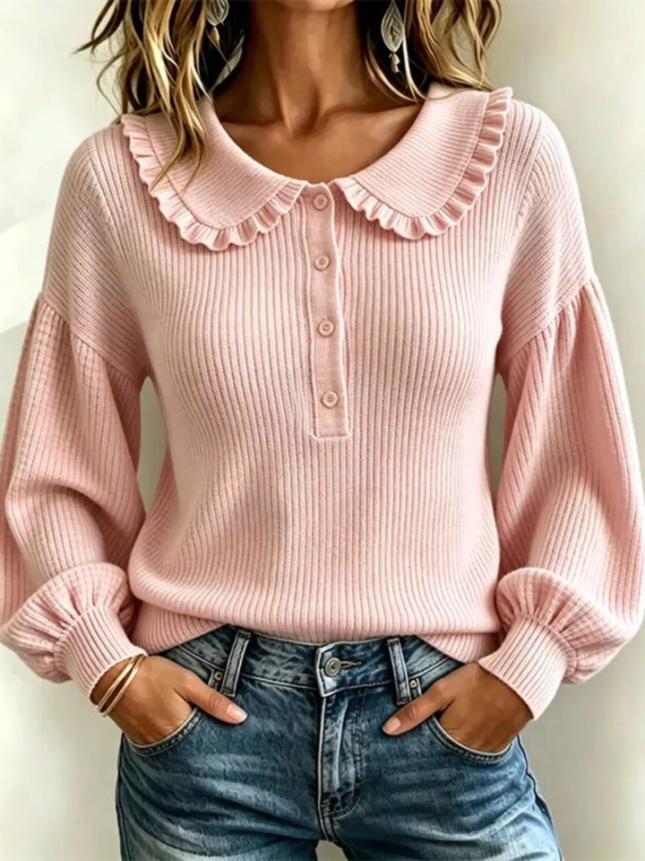 Pink ribbed knit sweater with ruffle Peter Pan collar, front view with jeans