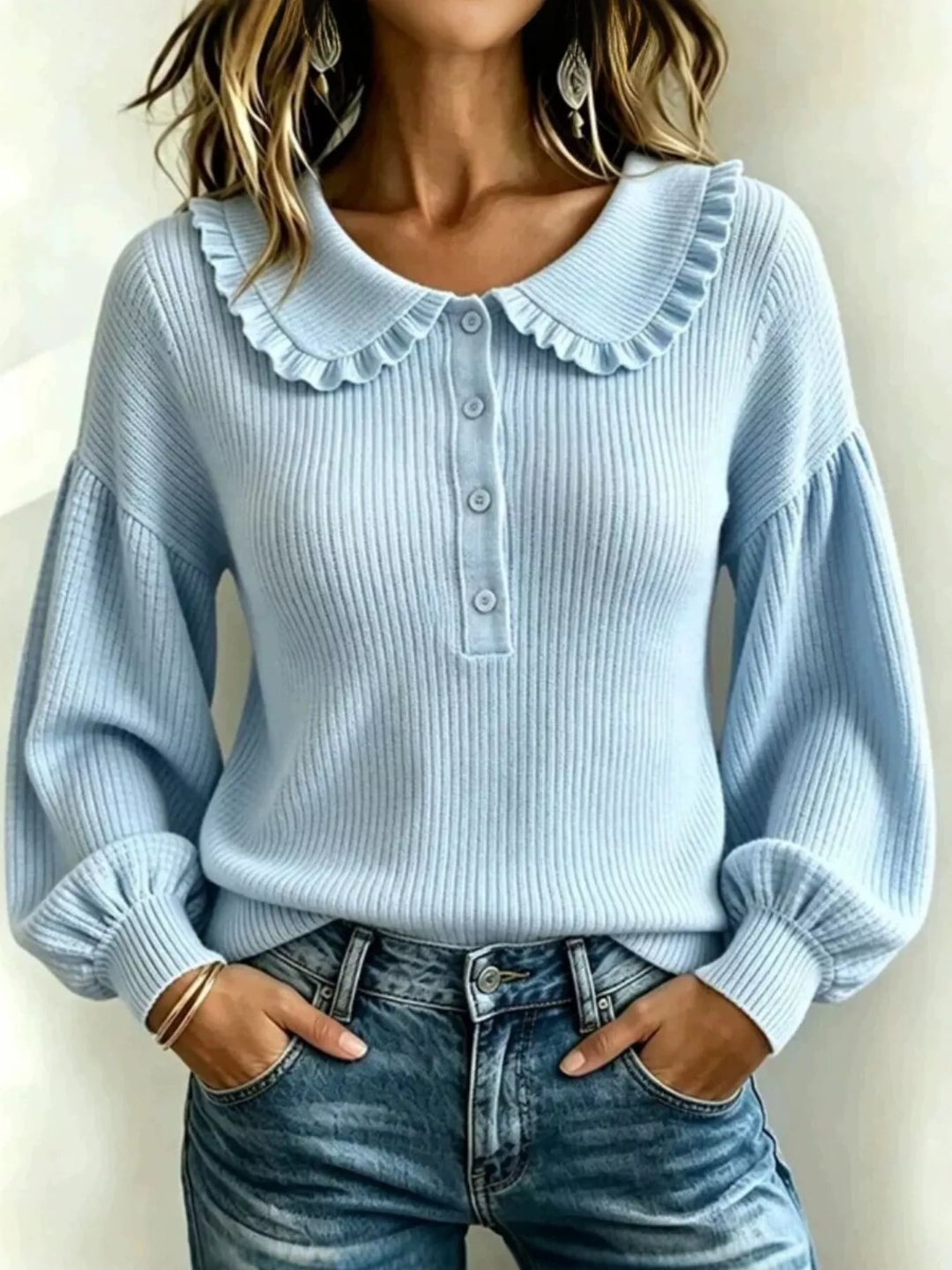 Women's fall sweater in sky blue, ribbed knit with ruffle Peter Pan collar and puff sleeves
