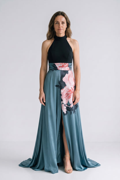 Women's Fall Wedding Guest Dress | Floral Halter A-Line Maxi — Black/Teal Floral — front view — on model