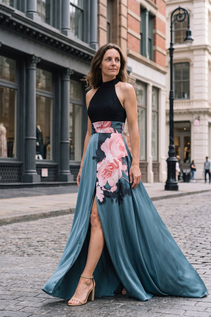 Women's Fall Wedding Guest Dress | Floral Halter A-Line Maxi — Black/Teal Floral — lifestyle — on model