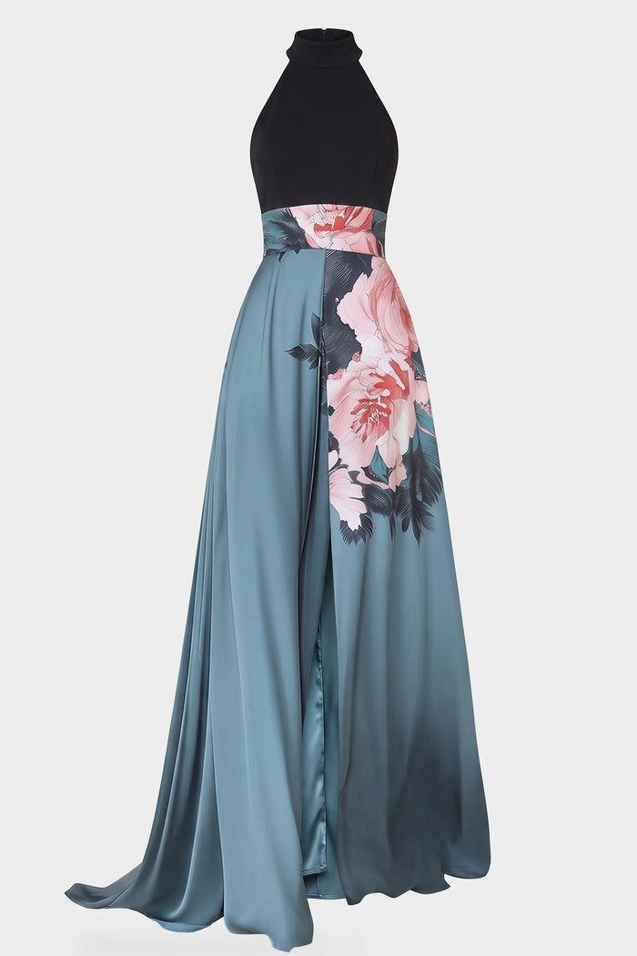 Women's Fall Wedding Guest Dress | Floral Halter A-Line Maxi — Black/Teal Floral — packshot