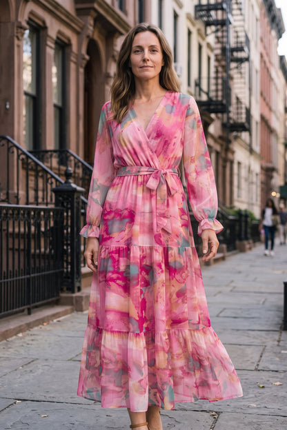 Women's Fall Wedding Guest Dress | Floral Long Sleeve Maxi — Pink Floral — lifestyle — on model