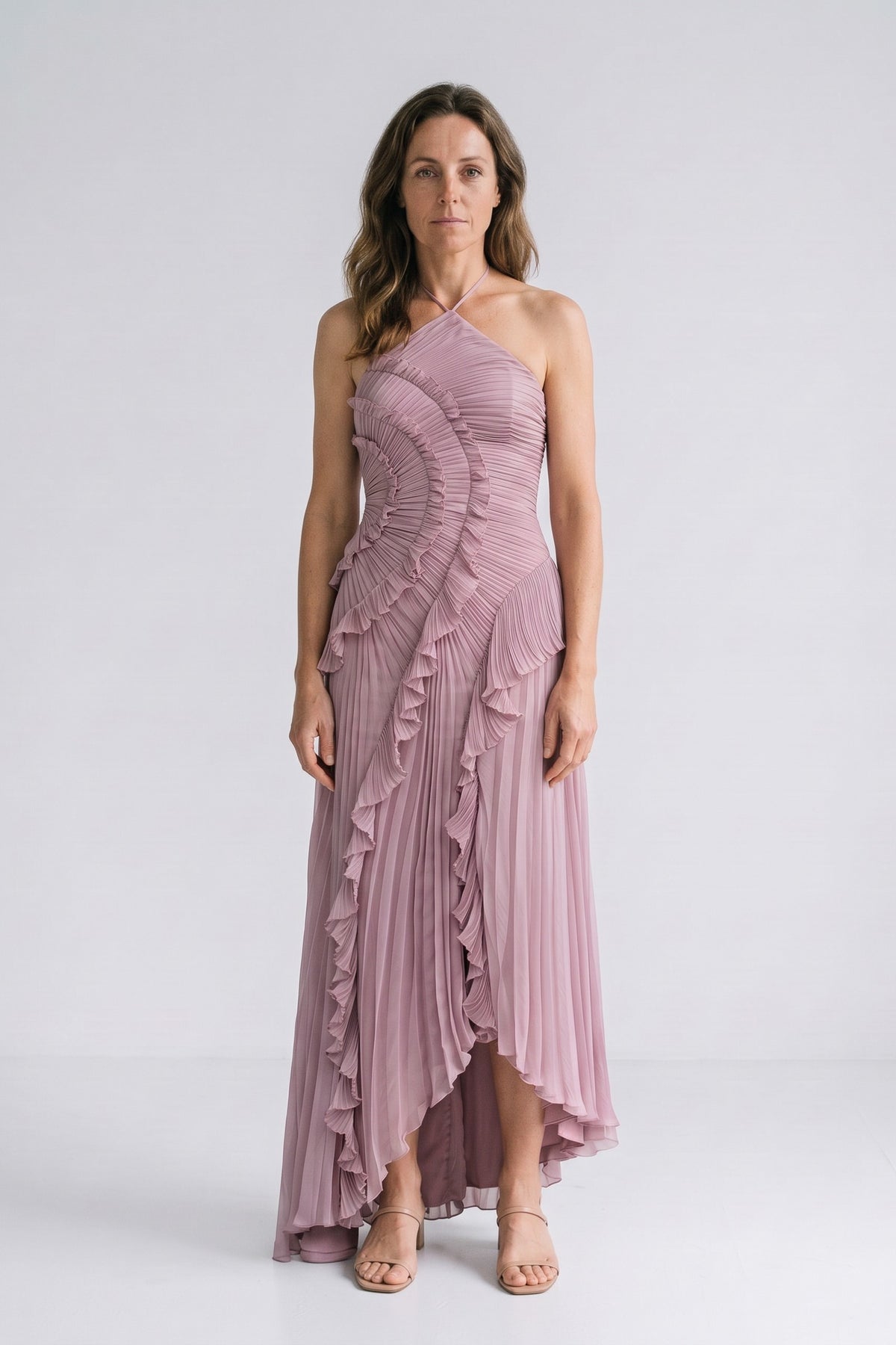 Women's Fall Wedding Guest Dress | Halter Ruffle High-Low — Lilac — front view — on model
