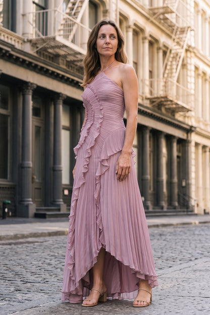 Women's Fall Wedding Guest Dress | Halter Ruffle High-Low — Lilac — lifestyle — on model