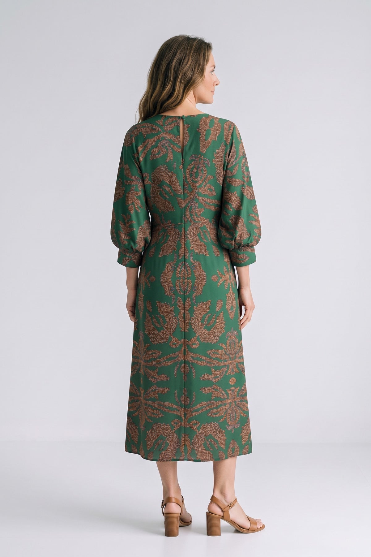 Women's Fall Wedding Guest Dress | Long Sleeve Twist Midi — Green — back view — on model