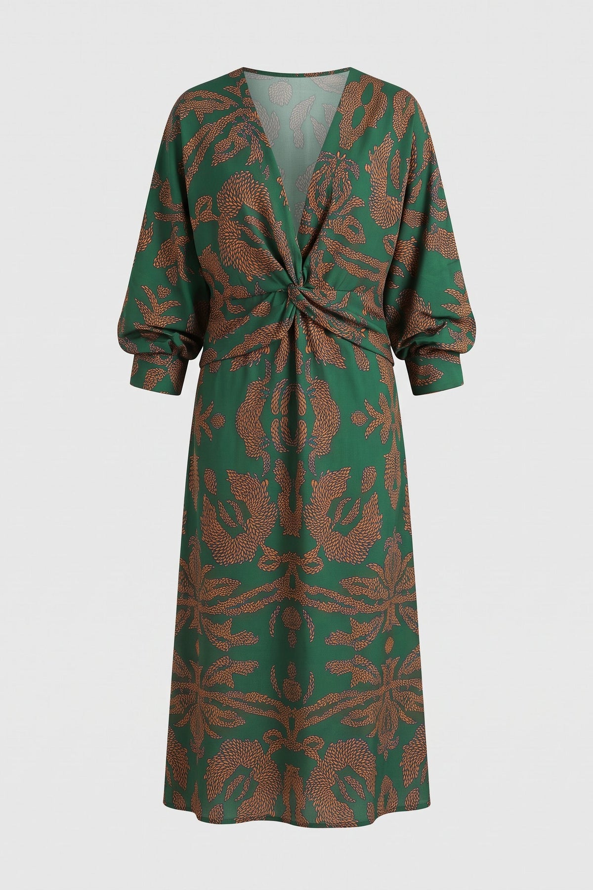 Women's Fall Wedding Guest Dress | Long Sleeve Twist Midi — Green — packshot