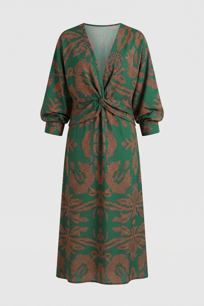 Women's Fall Wedding Guest Dress | Long Sleeve Twist Midi — Green — packshot