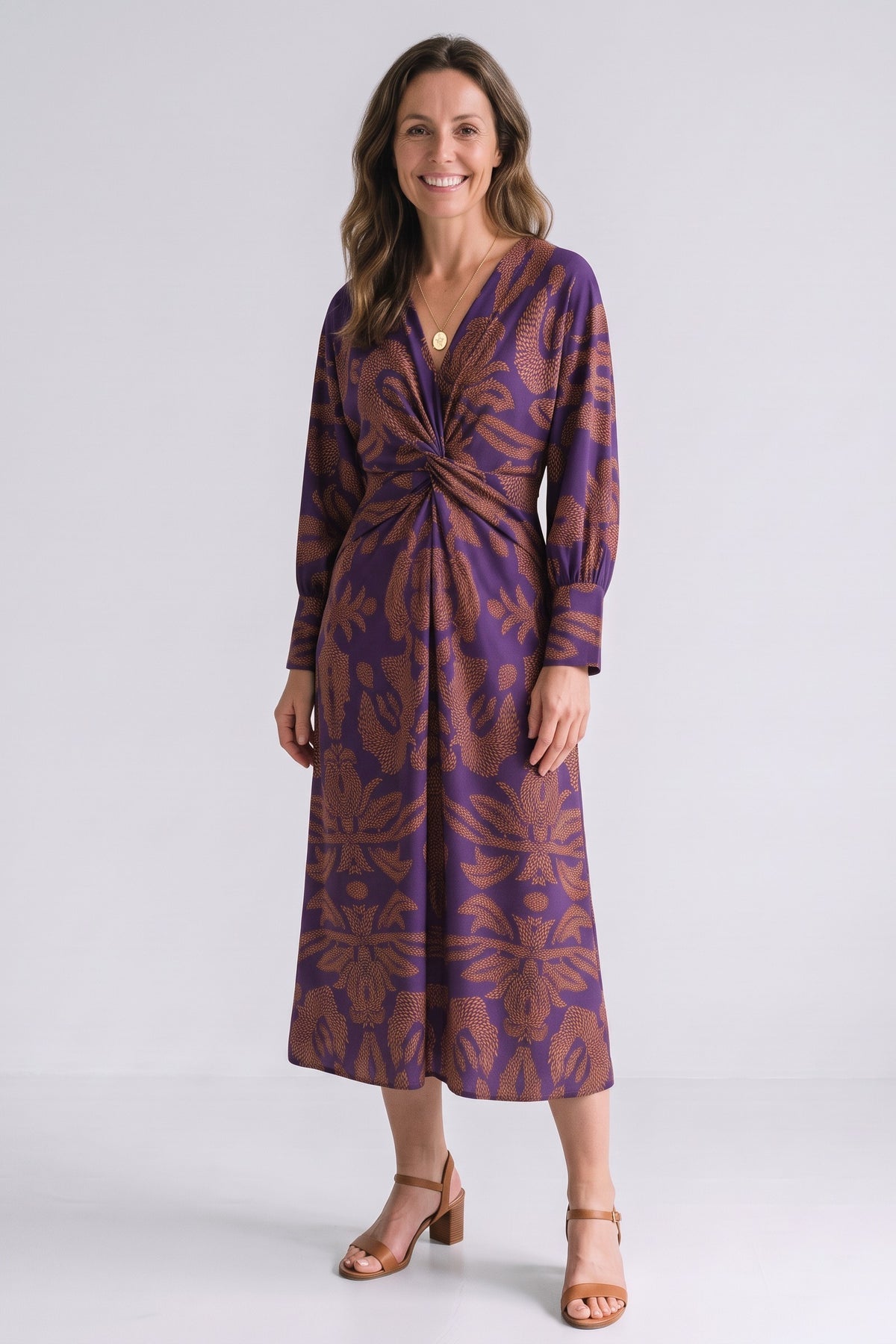 Women's Fall Wedding Guest Dress | Long Sleeve Twist Midi — Violet — front view — on model