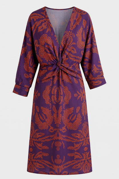 Women's Fall Wedding Guest Dress | Long Sleeve Twist Midi — Violet — packshot