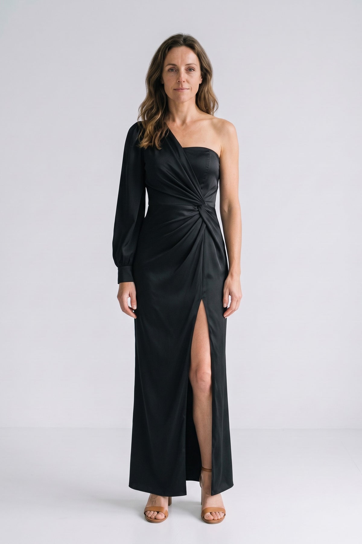 Women's Fall Wedding Guest Dress | One-Shoulder Maxi — Black — front view — on model