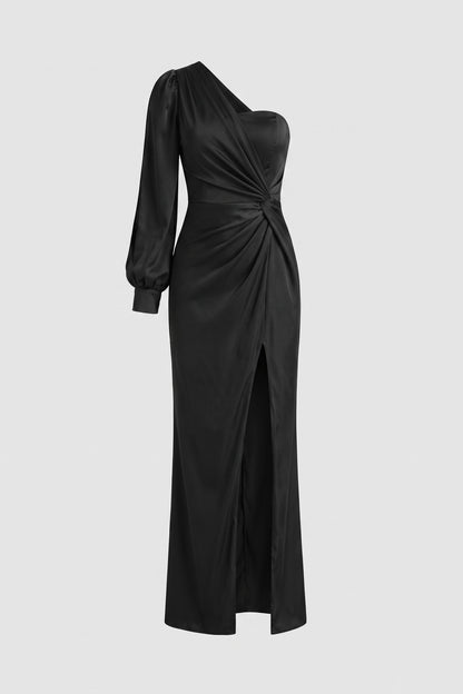 Women's Fall Wedding Guest Dress | One-Shoulder Maxi — Black — packshot