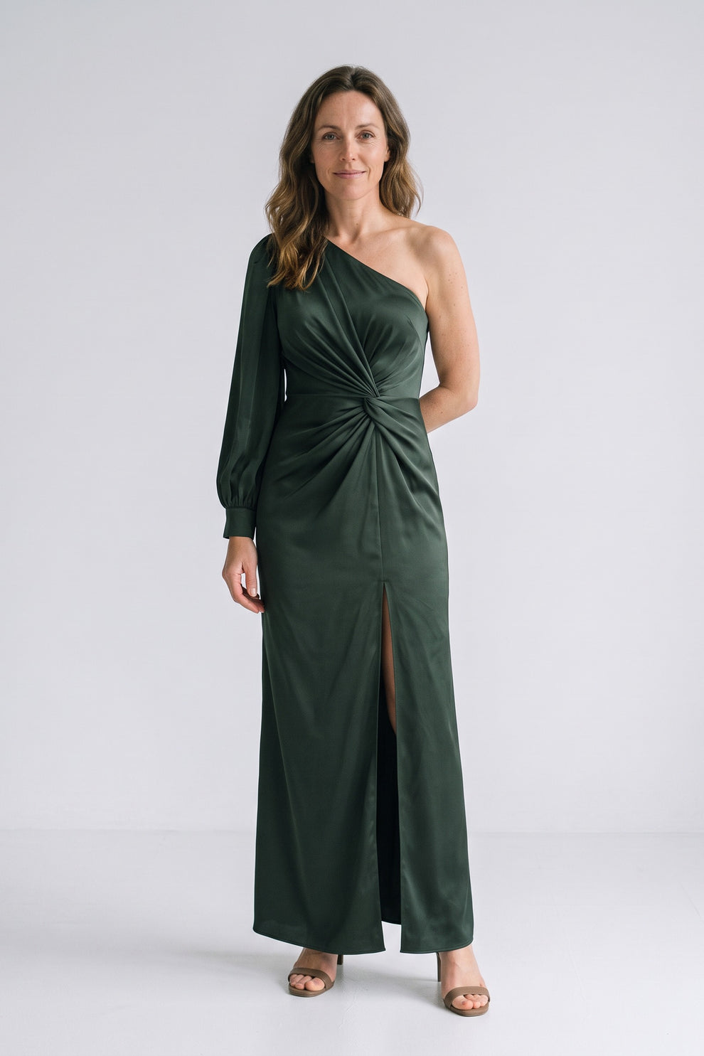 Women's Fall Wedding Guest Dress | One-Shoulder Maxi — Dark Green — front view — on model