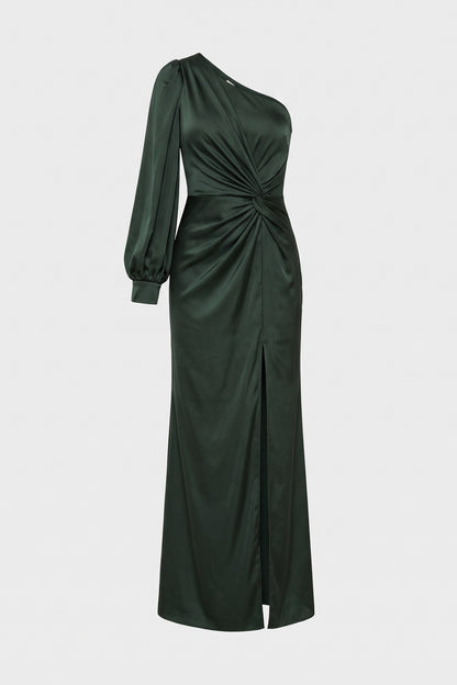 Women's Fall Wedding Guest Dress | One-Shoulder Maxi — Dark Green — packshot