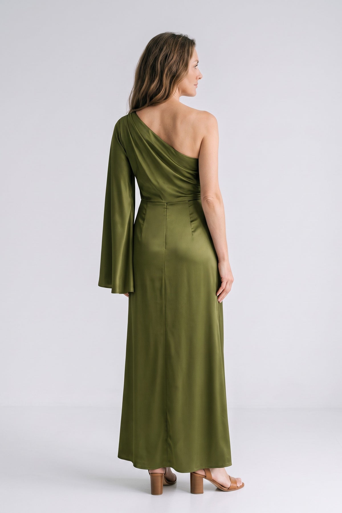 Women's Fall Wedding Guest Dress | One-Shoulder Maxi — Olive — back view — on model