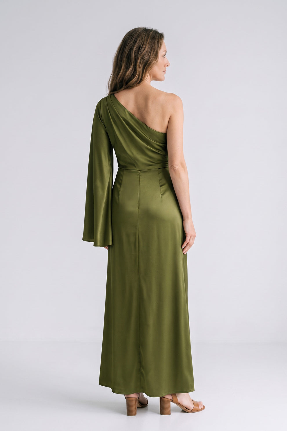 Women's Fall Wedding Guest Dress | One-Shoulder Maxi — Olive — back view — on model