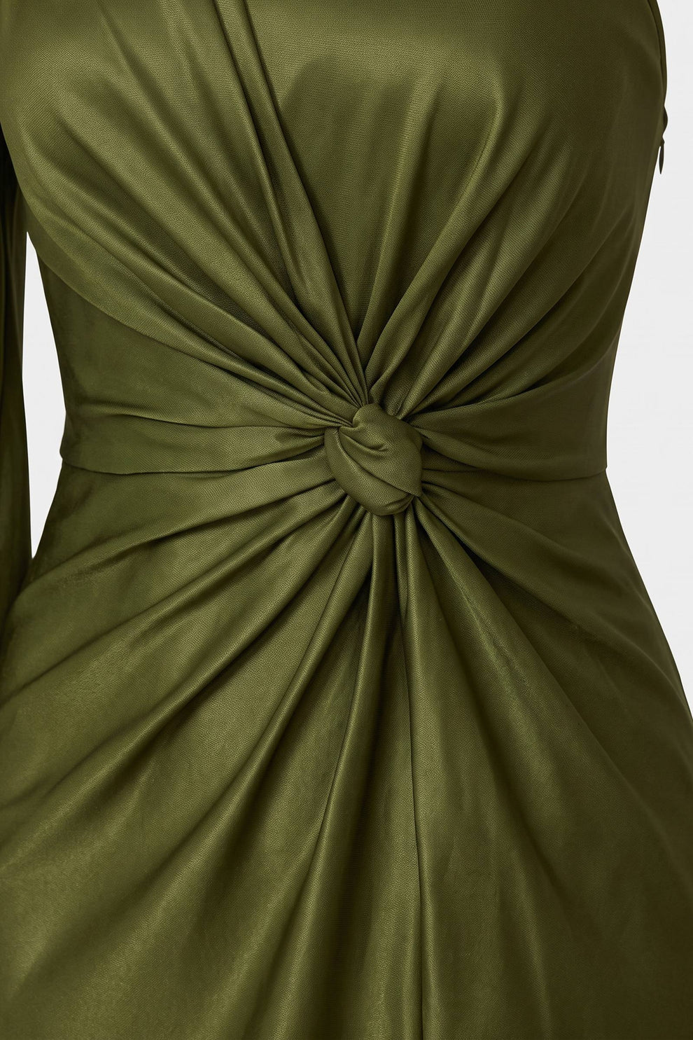 Women's Fall Wedding Guest Dress | One-Shoulder Maxi — Olive — detail — on model