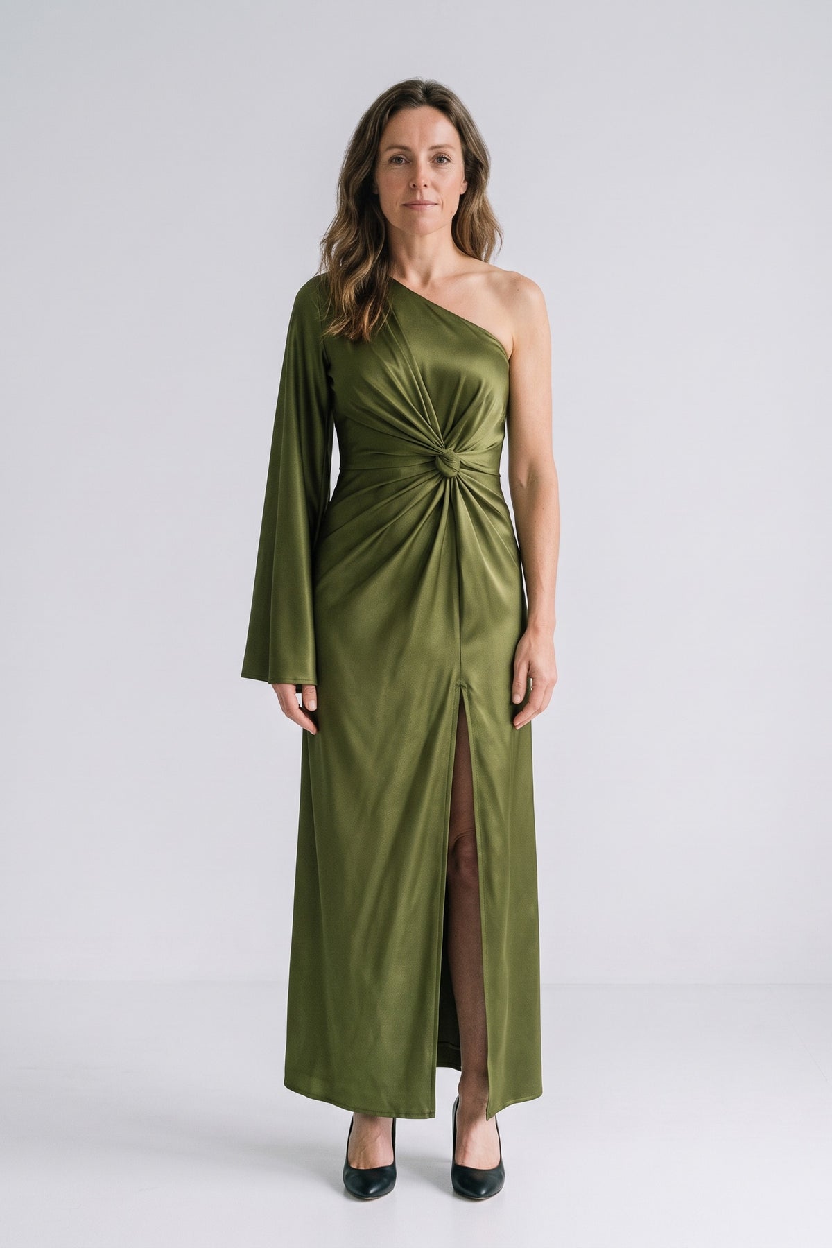 Women's Fall Wedding Guest Dress | One-Shoulder Maxi — Olive — front view — on model