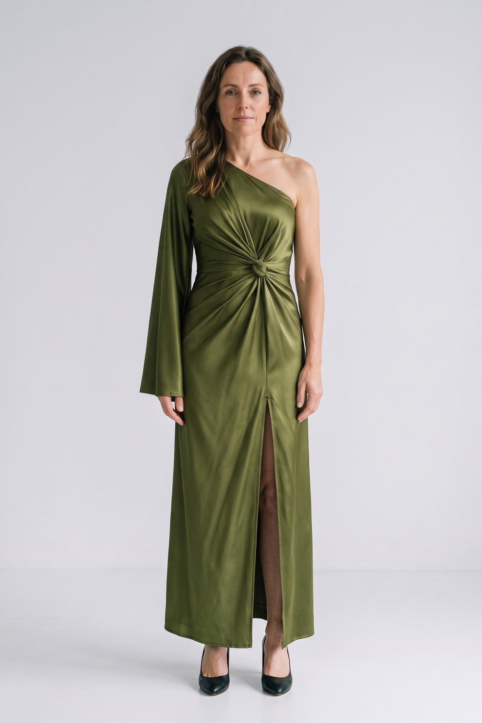 Women's Fall Wedding Guest Dress | One-Shoulder Maxi — Olive — front view — on model