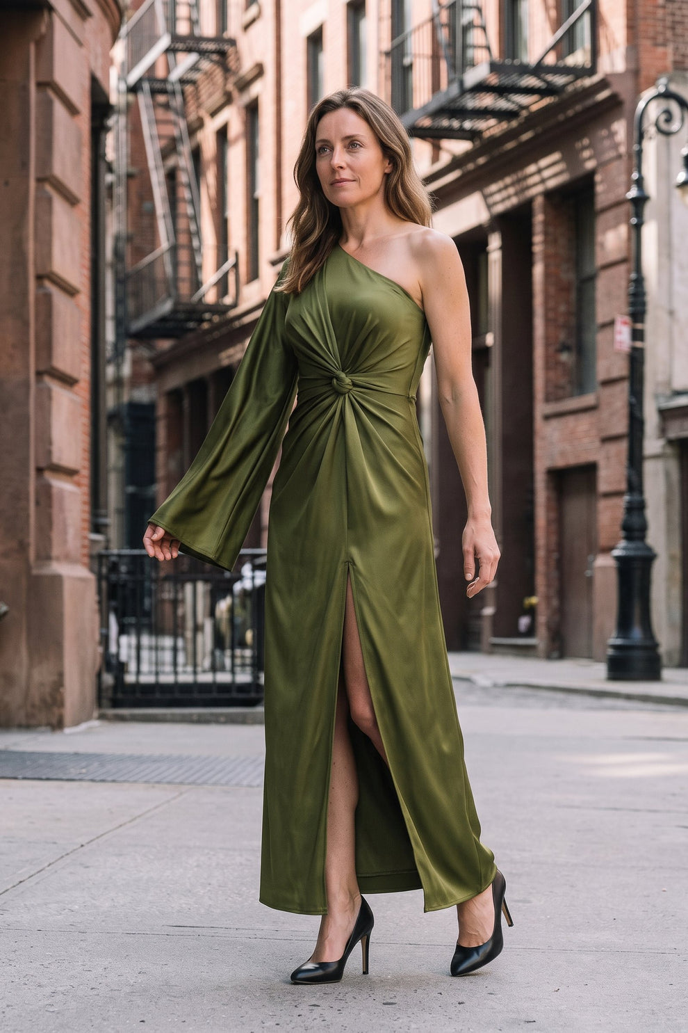 Women's Fall Wedding Guest Dress | One-Shoulder Maxi — Olive — lifestyle — on model