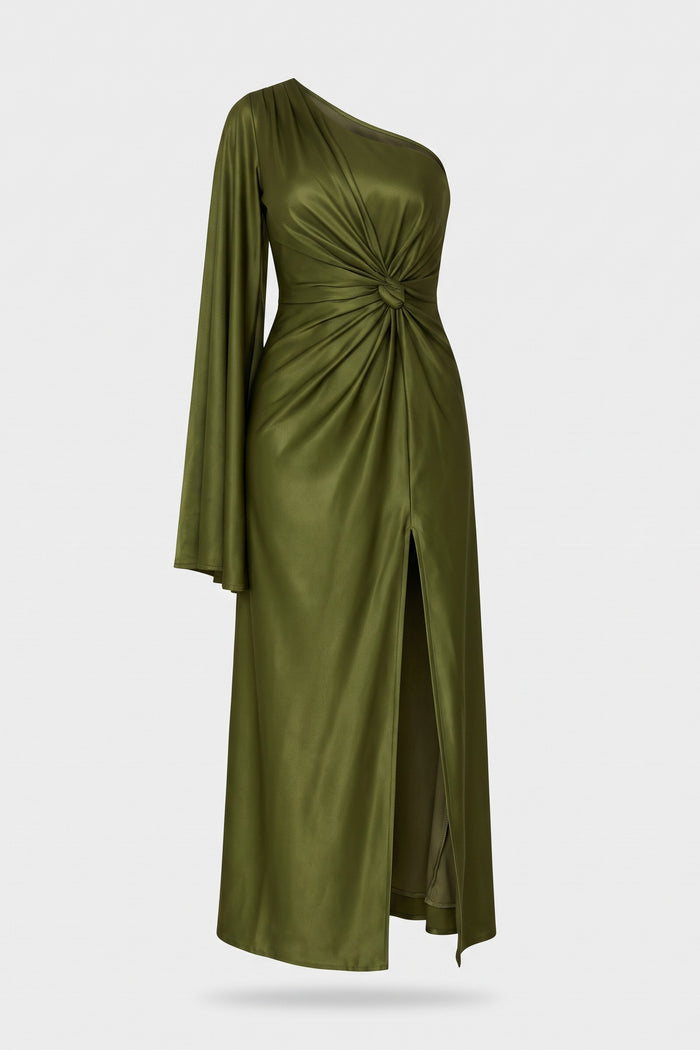 Women's Fall Wedding Guest Dress | One-Shoulder Maxi — Olive — packshot