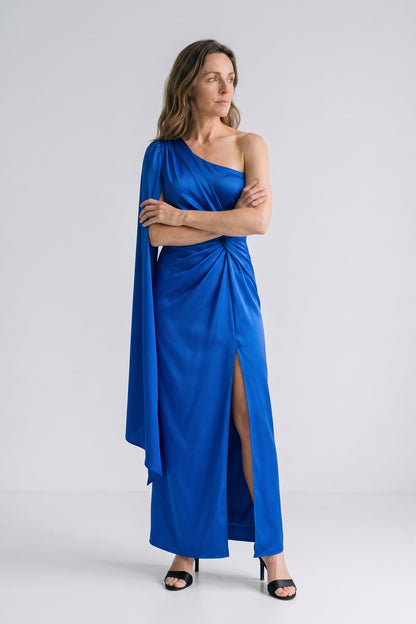 Women's Fall Wedding Guest Dress | One-Shoulder Maxi — Royal Blue — front view — on model