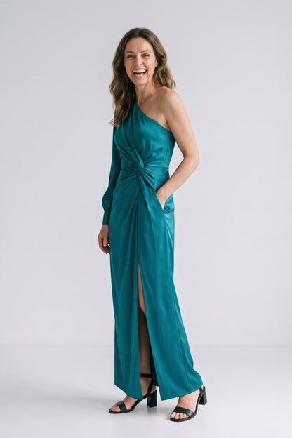 Women's Fall Wedding Guest Dress | One-Shoulder Maxi — Teal — front view — on model