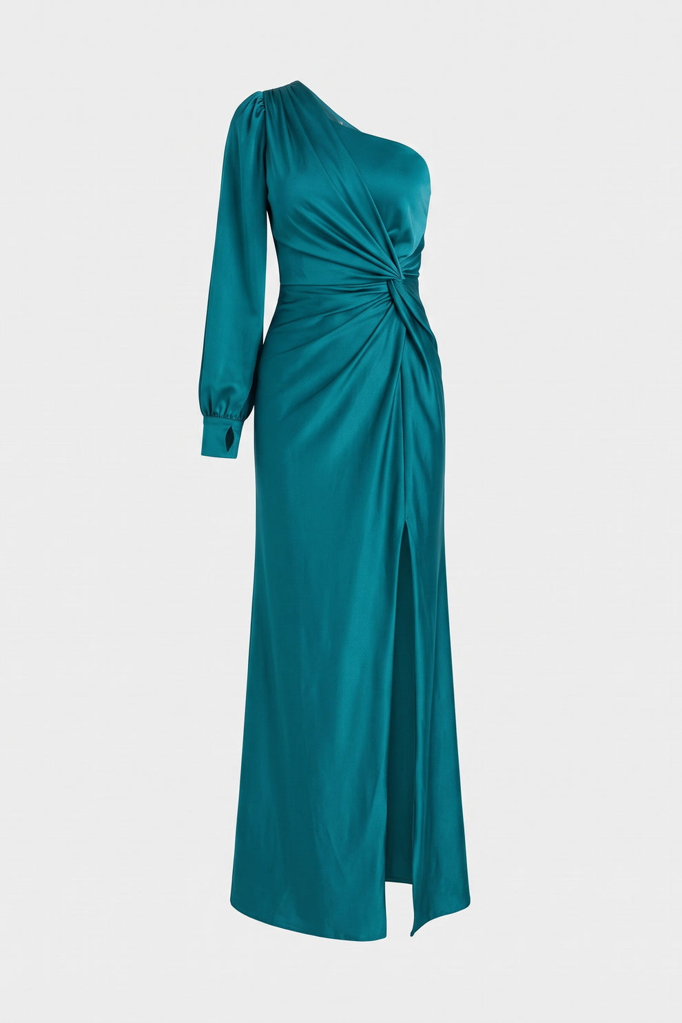 Women's Fall Wedding Guest Dress | One-Shoulder Maxi — Teal — packshot