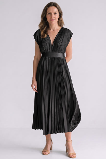Women's Fall Wedding Guest Dress | Pleated V-Neck Midi — Black — front view — on model
