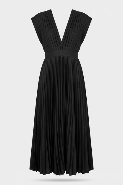 Women's Fall Wedding Guest Dress | Pleated V-Neck Midi — Black — packshot