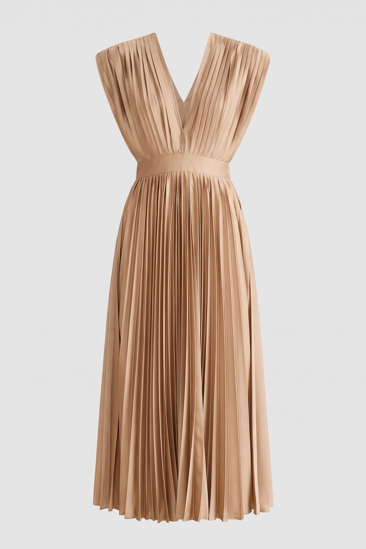 Women's Fall Wedding Guest Dress | Pleated V-Neck Midi — Champagne — packshot