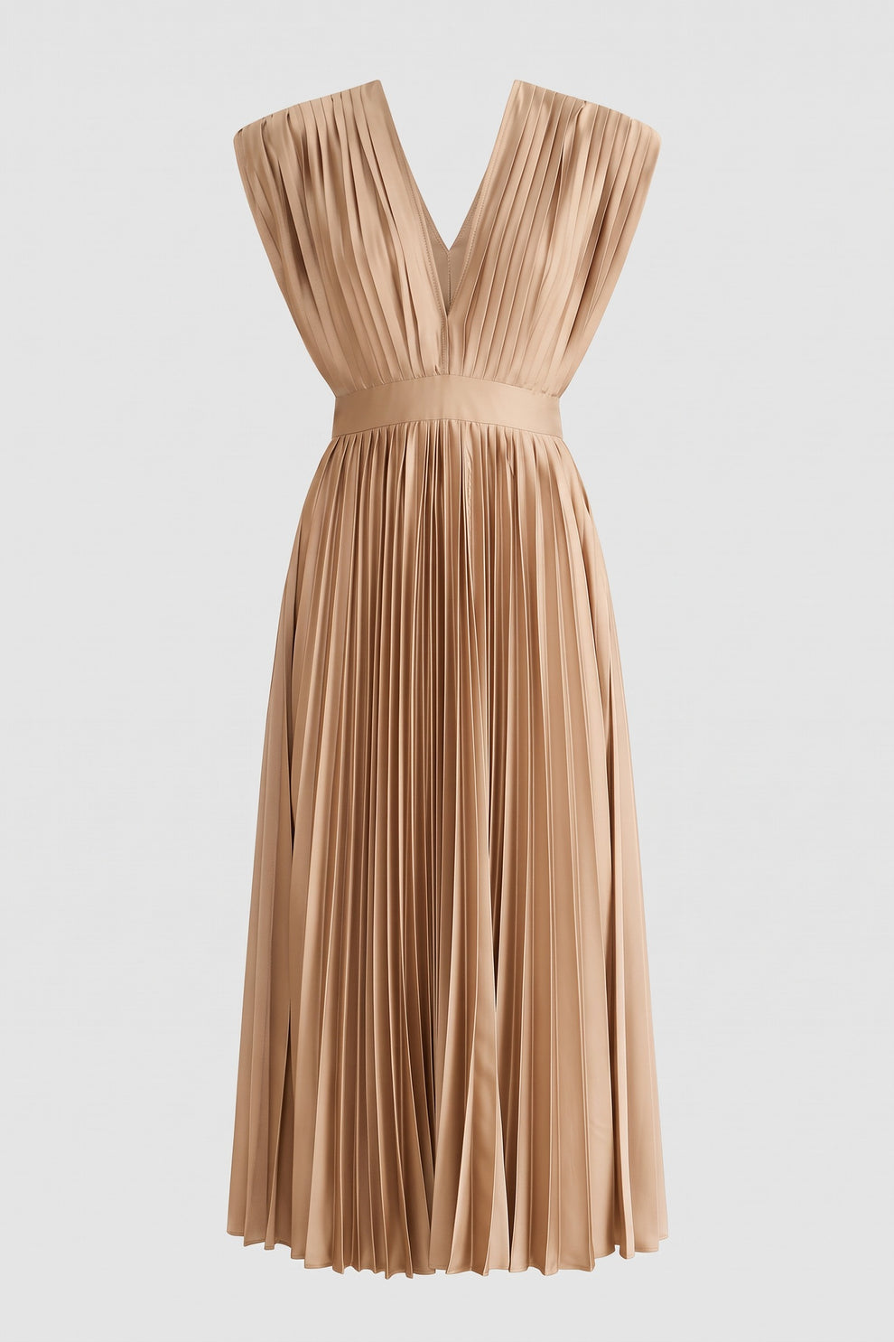 Women's Fall Wedding Guest Dress | Pleated V-Neck Midi — Champagne — packshot