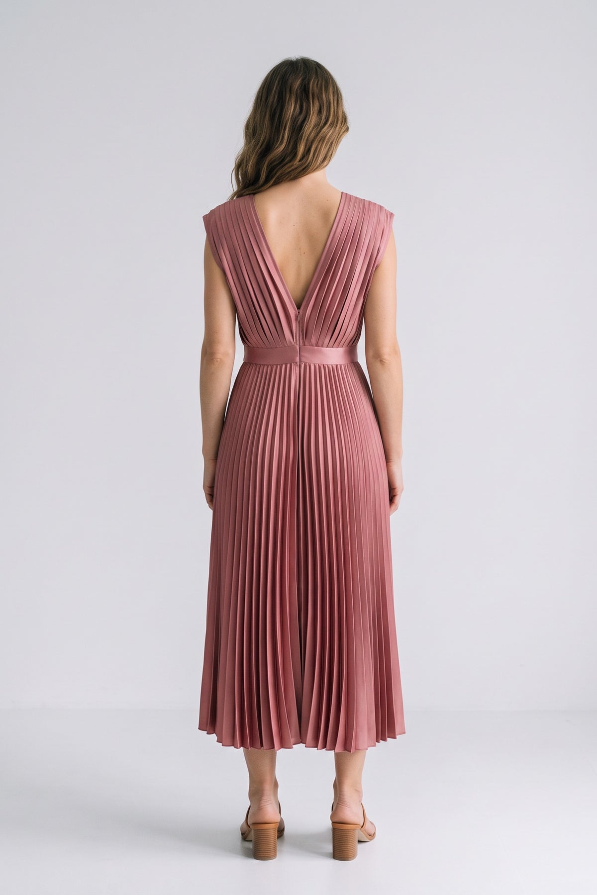 Women's Fall Wedding Guest Dress | Pleated V-Neck Midi — Dusty Rose — back view — on model