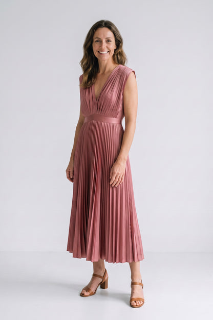 Women's Fall Wedding Guest Dress | Pleated V-Neck Midi — Dusty Rose — front view — on model