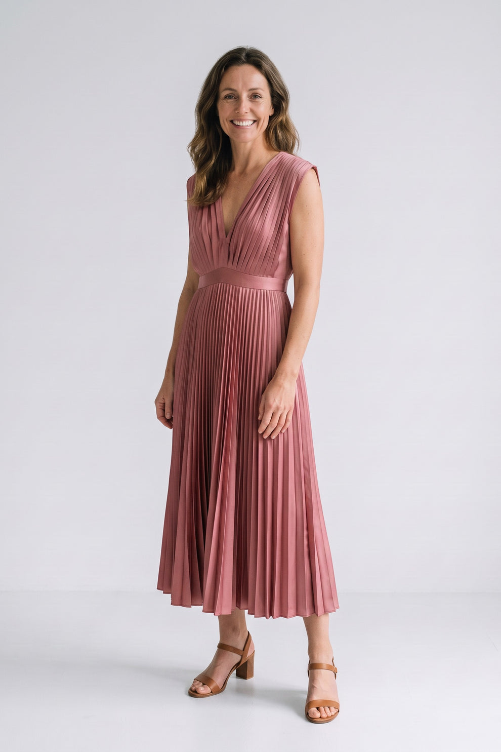 Women's Fall Wedding Guest Dress | Pleated V-Neck Midi — Dusty Rose — front view — on model