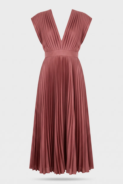 Women's Fall Wedding Guest Dress | Pleated V-Neck Midi — Dusty Rose — packshot