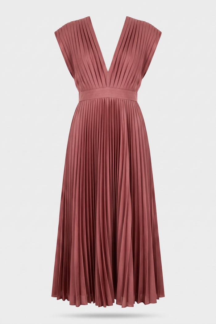 Women's Fall Wedding Guest Dress | Pleated V-Neck Midi — Dusty Rose — packshot