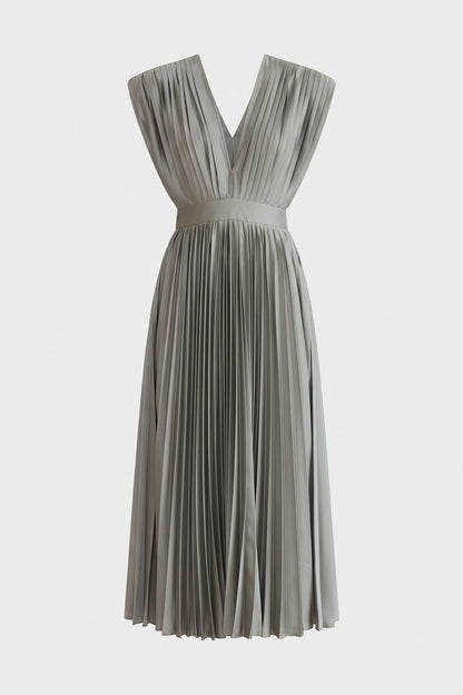 Women's Fall Wedding Guest Dress | Pleated V-Neck Midi — Sage — packshot
