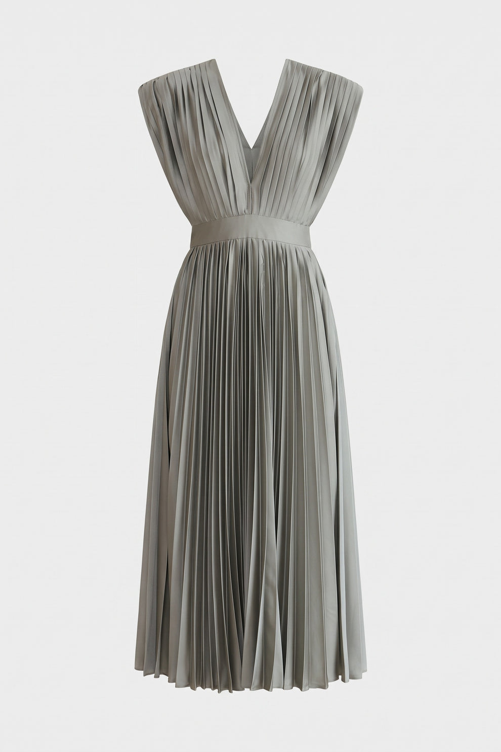 Women's Fall Wedding Guest Dress | Pleated V-Neck Midi — Sage — packshot