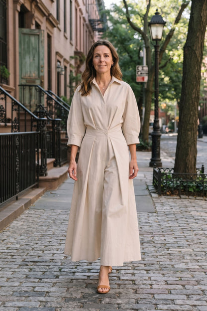 Women's Fall Wedding Guest Dress | Plus Size Long Sleeve Maxi Shirt — Cream — lifestyle — on model