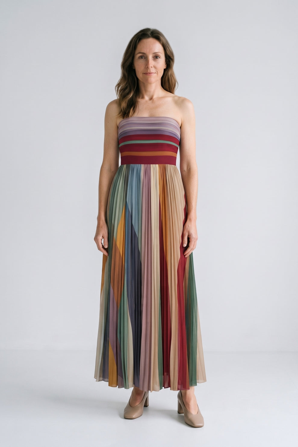 Women's Fall Wedding Guest Dress | Strapless Pleated Maxi — Multicolor Stripe — front view — on model